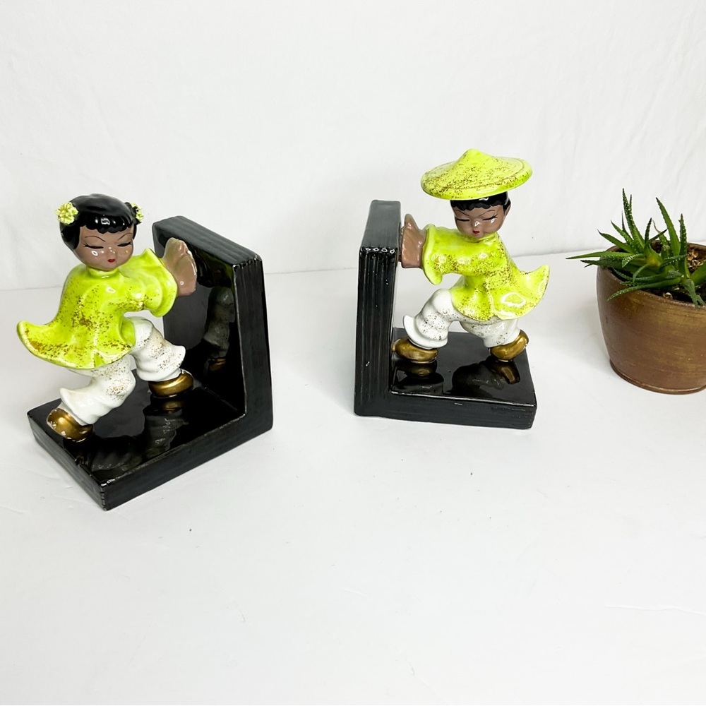 VINTAGE Japan Ceramic Bookends – Asian-Inspired Figurines Green Mid-Century
